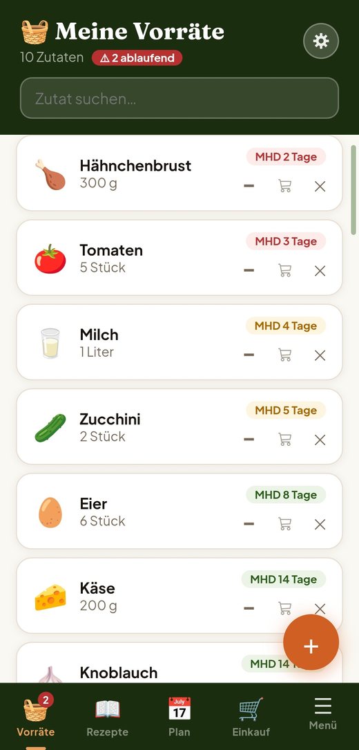 Die Zatuu-App: Vorräte-Übersicht mit Mindesthaltbarkeits-Ampel